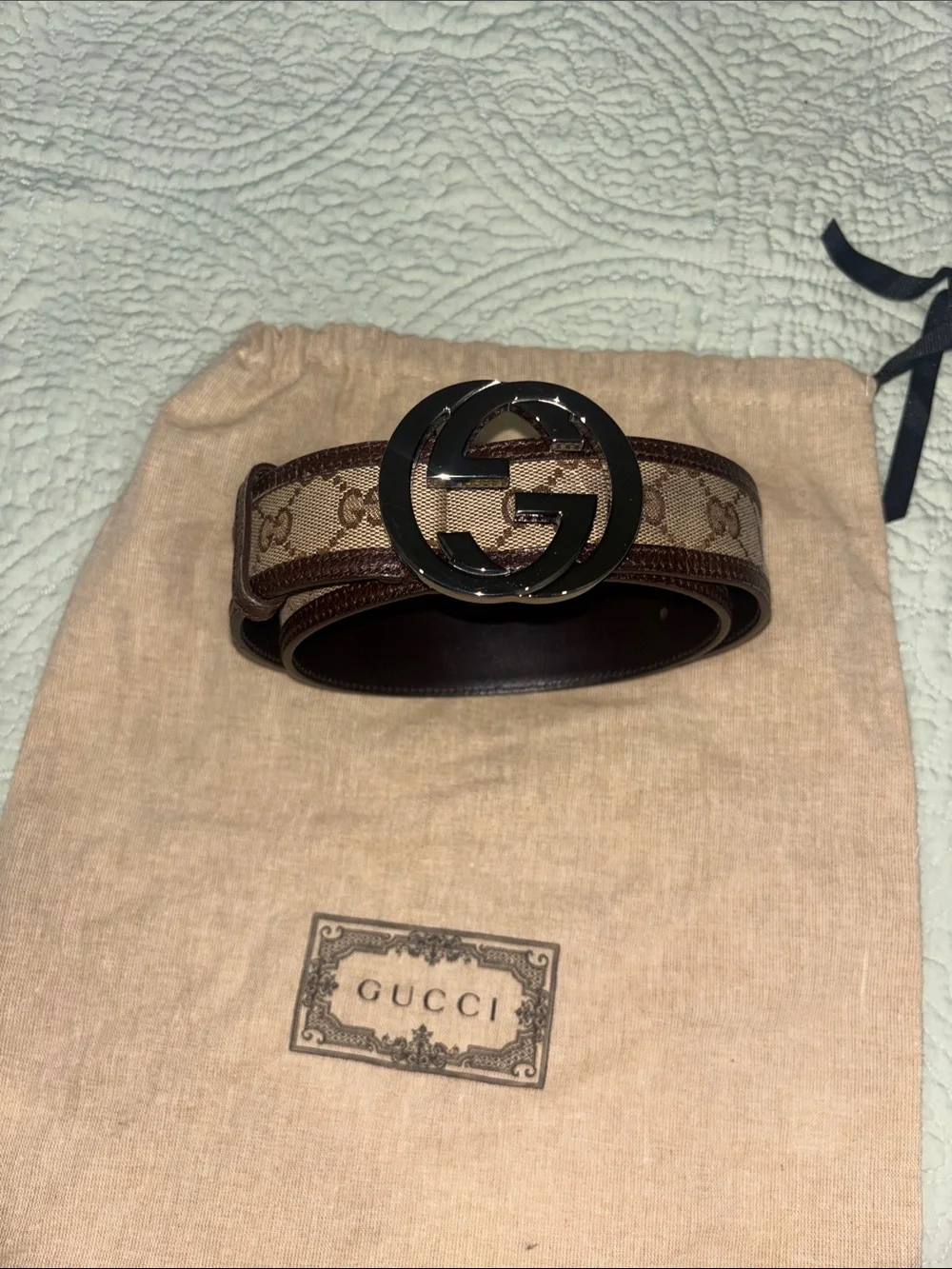 Gucci Brown Monogram GG Canvas Belt with Silver Interlocking GG Buckle
